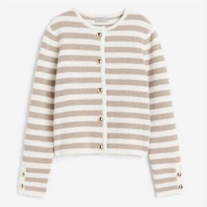 H&M‎ Beige and White Striped Cardigan with Gold Buttons
